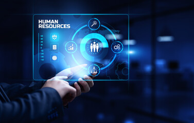 HR Human resources management Recruitment Headhunting. Businessman pressing button on screen.