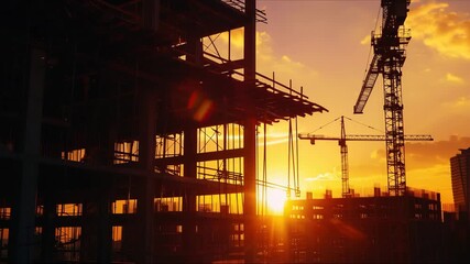 New modern apartment buildings, high-rise building with construction crane against backdrop of sunset, sun on ocean or sea. view of crane construction site over city at sunset. - Powered by Adobe