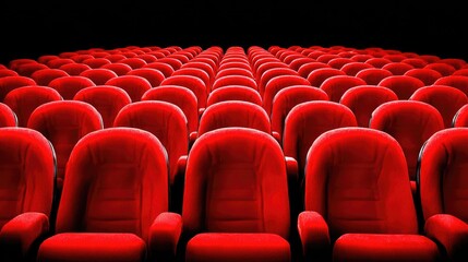 Obraz premium Empty Rows of Plush Red Cinema Seats in a Dark Movie Theater Environment