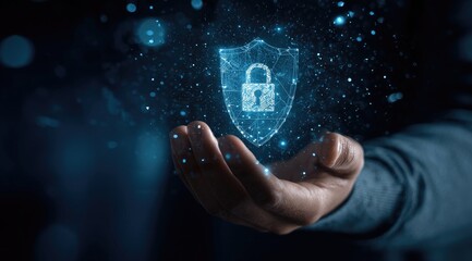 Hand holds digital shield with lock graphic