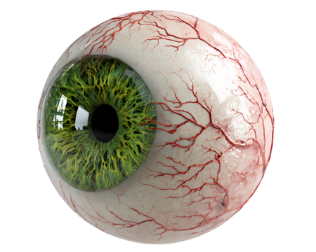  Decorative eyeball with green iris and blood vessels isolated on transparent background