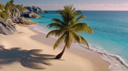 Obraz premium Serene Tropical Beach with Palm Tree, Crystal Clear Water and Soft White Sand Under Bright Blue Sky