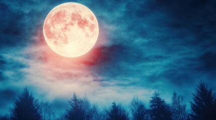 Fototapeta premium Majestic full moon illuminated by clouds over a silent forest at night