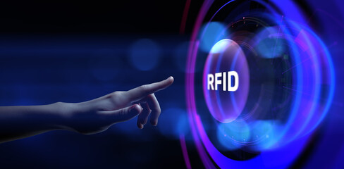 RFID Radio frequency identification. Hands pressing button virtual screen.