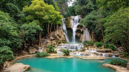 Naklejka premium Serene Waterfall Surrounded by Lush Greenery and Clear Aqua Pool in a Tropical Forest Setting