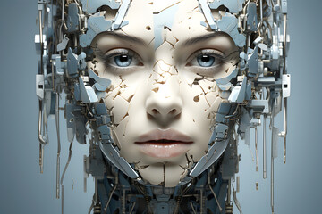 Futuristic digital portrait of a woman with advanced technology and data interfaces in a dark environment