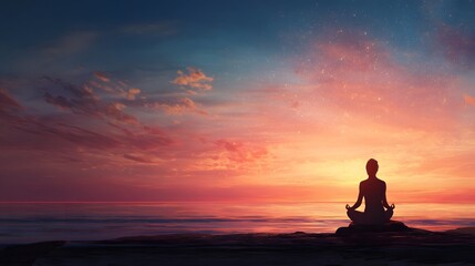 Obraz premium Serene Sunset Yoga: Silhouette Meditating on the Beach Rocks