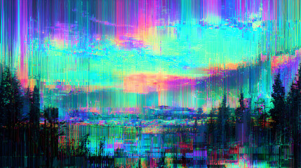 Psychedelic forest landscape art with aurora borealis colors digital glitch effect ideal for modern design projects and creative graphic resources to add a unique touch to your