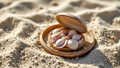 seashell trinket box on sandy tray, summer, no people, no text, no logo