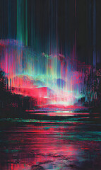 Obraz premium Vibrant digital landscape painting featuring flowing vertical lines and diffused light creating a surreal atmosphere a contemporary colorful backdrop for modern design and
