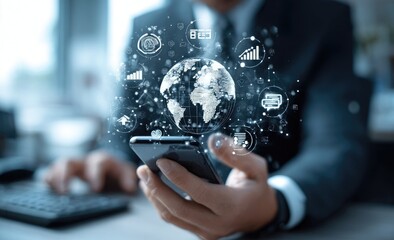Businessman uses phone, global data overlay