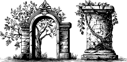 Fototapeta na wymiar Elven archway and gate engraving set - vintage hand-drawn tree and ivy design for posters and cards