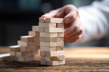 Hand carefully places wooden block on a stack of blocks