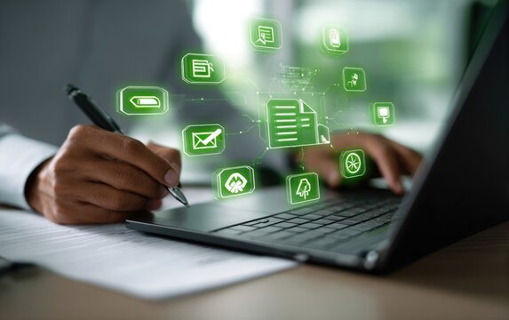 Person working on a laptop with document-related icons