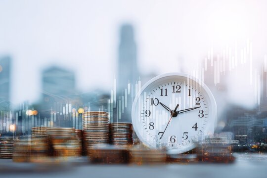 White clock sits atop stacks of coins, cityscape in soft focus, overlaid with financial charts - Powered by Adobe