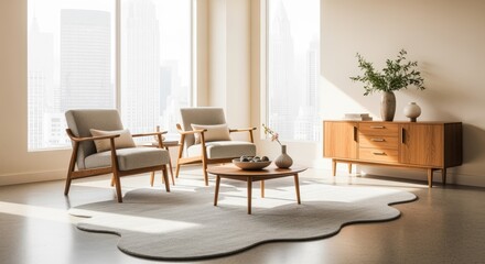Modern Living Room Interior with Armchairs, Wooden Cabinet, and Abstract Rug near a Window