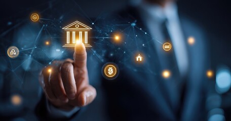 Businessman's finger interacts with a digital bank icon overlaid with financial symbols