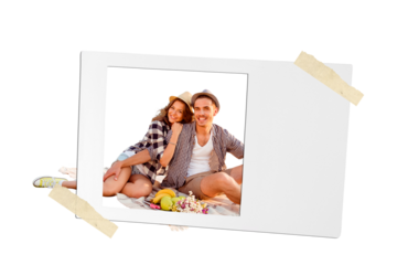 Photography poster 3d collage image picture of two positive smiling people sitting sand ocean shore hug eat fruits enjoy honeymoon abroad