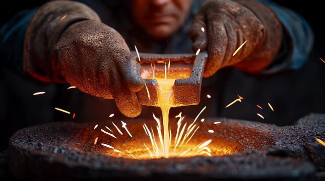 Molten Metal Poured: A close-up shot captures a craftsman, clad in protective gear, expertly pouring molten metal with precision, igniting sparks and displaying the raw power of industry.