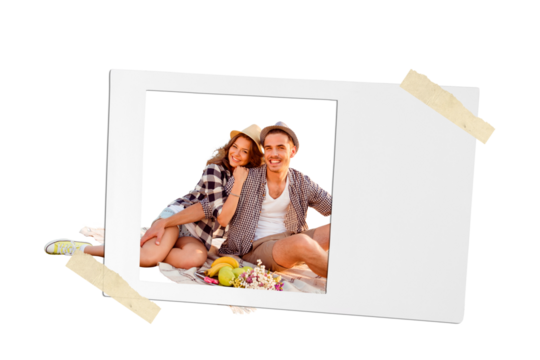 Photography poster 3d collage image picture of two positive smiling people sitting sand ocean shore hug eat fruits enjoy honeymoon abroad - Powered by Adobe