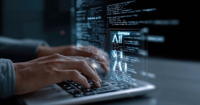 Close-up of hands typing on laptop with holographic code overlay