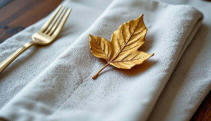 gold leaf trinket on linen napkin, fall, no people, no text, no logo