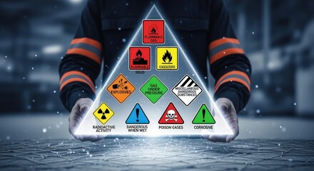 Hazard Communication Standard Visual: Worker Holding Display of Workplace Safety and Chemical Hazard Pictograms