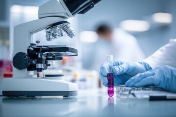 Lab scene scientist in gloves holds test tube with purple liquid near microscope
