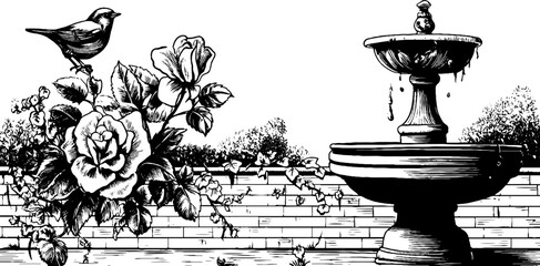 Vintage engraved illustration of floral fountain with bird and roses for garden decor design