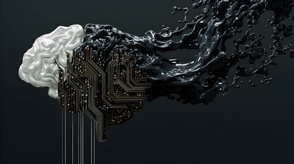 Conceptual artificial intelligence illustration showcasing merging brain matter circuitry and liquid metal stream symbolizing technology innovation digital future computing and