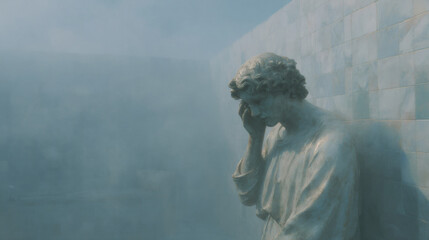 Ancient stone statue in thoughtful pose against misty blue background. Historic cemetery sculpture art, vintage memorial monument. Gothic architecture element with copy space