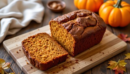 Fototapeta premium pumpkin bread on wooden cutting board, fall, no people, no text, no logo