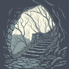 Minimilist illustration of a stone staircase leading out of a dark cave with trees visible at the exit point vector