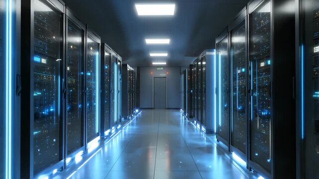 Data Center: A server room filled with rows of servers and computers in a data center. High-tech environment with secure data storage and advanced processing.