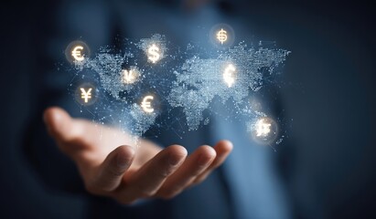 Hand holding a holographic world map overlaid with currency symbols