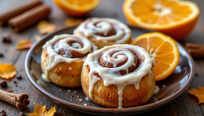 cinnamon rolls with orange glaze, fall, no people, no text, no logo