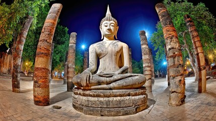 Obraz premium Serene Buddha Statue Surrounded by Ancient Columns in a Peaceful Night Setting with Illuminated Trees