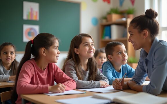 Elementary Classroom of Diverse Bright Children Listening Attentively to their Teacher Giving Lesson. Brilliant Young Kids in School Learning to Be Great Scientists, Doctors, Programmers, Astronauts - Powered by Adobe