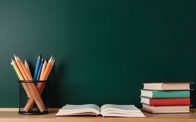 Clean blackboard with stack of notebooks and pencils in holder, ready for learning. High quality