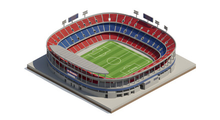 A detailed 3D vector illustration of a Barcelona, Camp Nou stadium shown in an isometric perspective for design and architectural concepts.