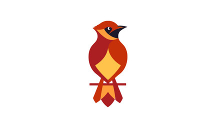 Geometric bird illustration in shades of red, orange, and yellow, perched on a branch, against a white background.