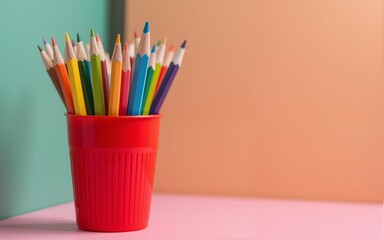 red plastic glass with colorful wooden pencils. High quality