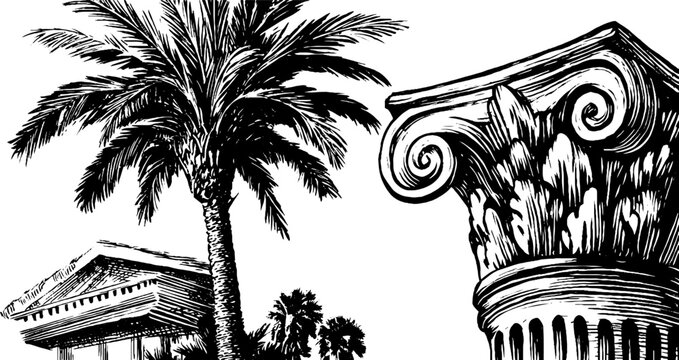 Detailed engraving of greek acroterion and palm scene for classic design
