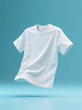 Floating White T-Shirt on Blue Background for Mockup or Design Template