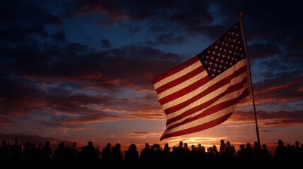 Obraz premium Breathtaking Silhouette of People Gathered Under a Majestic Flag at Sunset, Evoking Patriotism and Unity