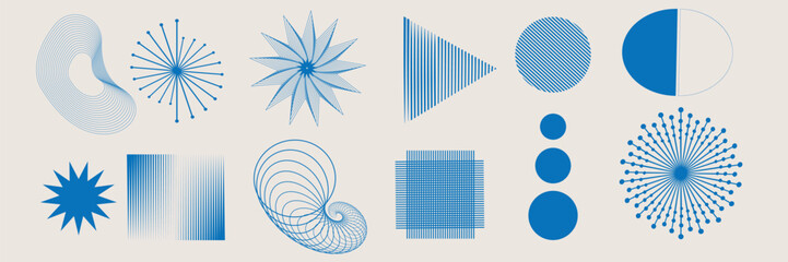 Abstract minimal element mid century modern shape set. Aesthetic contemporary stripe line art, geometric shape in blue indigo for wall art, decoration, wallpaper, poster.