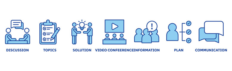Meeting icon set illustration concept with icon of discussion, topics, solution, video conference, information, plan, communication 