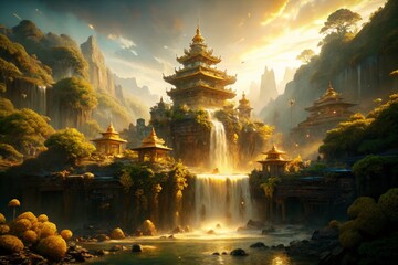 Asian Temple Waterfall Landscape