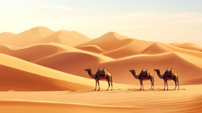 Caravan of camels traversing the arid desert landscape at golden hour - Powered by Adobe