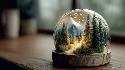 Snow globe with a mountain and forest scene on a wooden surface. Christmas ornament decoration on a wooden background